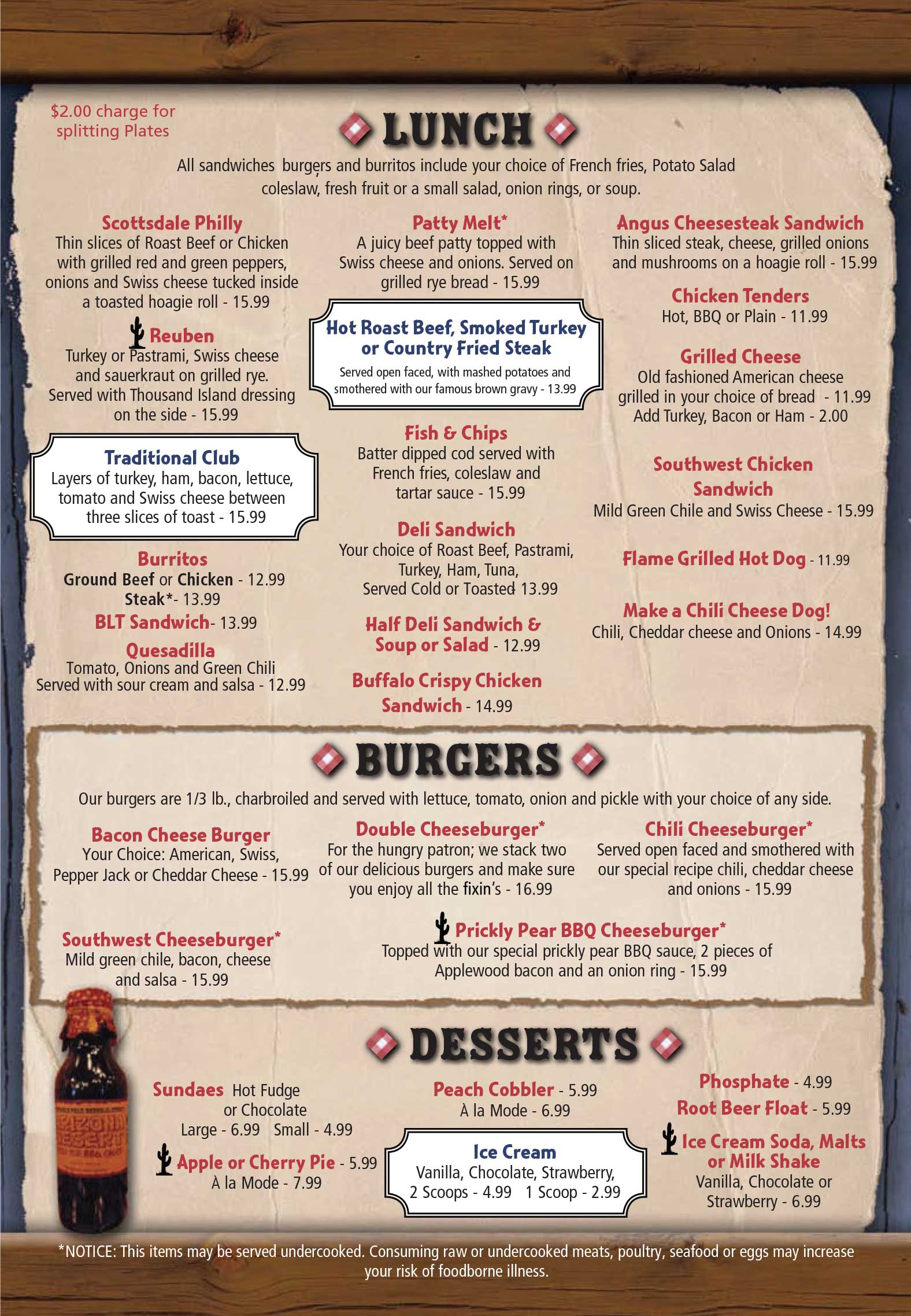 Lunch, Burger and Dessert Menu
